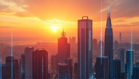 Modern skyline and digital technology interface representing Fintech in Africa